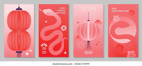 Chinese New Year 2025 hongbao red envelope design vector. Collection of Chinese festival with snake, flower, lantern, pattern. Elegant oriental illustration for angpao, cover, website, calendar, ads.