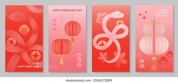 Chinese New Year 2025 hongbao red envelope design vector. Collection of Chinese festival with snake, flower, lantern, pattern. Elegant oriental illustration for angpao, cover, website, calendar, ads.