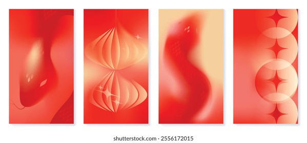 Chinese New Year 2025 hongbao red envelope design vector. Collection of Chinese festival with snake, coin, lantern. Elegant oriental illustration for angpao, cover, website, calendar, ads.