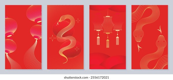 Chinese New Year 2025 hongbao red envelope design vector. Collection of Chinese festival with snake, lantern, pattern. Elegant oriental illustration for angpao, cover, website, calendar, ads.