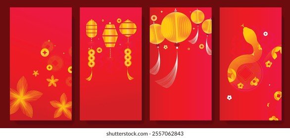 Chinese New Year 2025 hongbao red envelope design vector. Collection of Chinese festival with peony flower, dragon, lantern, pattern. Elegant oriental illustration for ang pao, cover, calendar, ads.