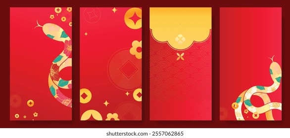 Chinese New Year 2025 hongbao red envelope design vector. Collection of Chinese festival with peony flower, dragon, lantern, pattern. Elegant oriental illustration for ang pao, cover, calendar, ads.