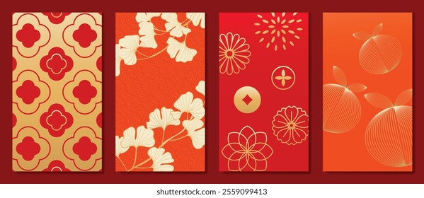 Chinese New Year 2025 hongbao red envelope design vector. Collection of Chinese festival with flower, ginkgo leaf, firework, orange. Elegant oriental illustration for angpao, cover, calendar, ads.