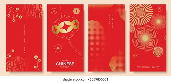 Chinese New Year 2025 hongbao red envelope design vector. Collection of Chinese festival with lantern, wave, flower, halftone. Elegant oriental illustration for ang pao, cover, calendar, ads.