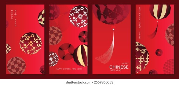 Chinese New Year 2025 hongbao red envelope design vector. Collection of Chinese festival with lantern, pattern. Elegant oriental illustration for ang pao, cover, calendar, ads.