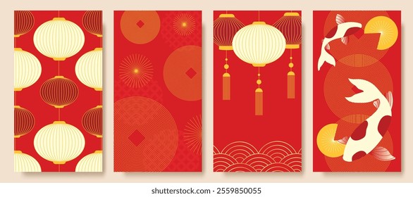 Chinese New Year 2025 hongbao red envelope design vector. Collection of Chinese festival with lantern, fish, wave, pattern. Elegant oriental illustration for ang pao, cover, calendar, ads.