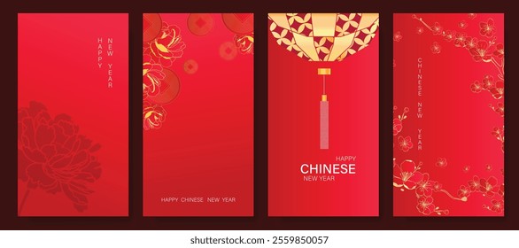 Chinese New Year 2025 hongbao red envelope design vector. Collection of Chinese festival with lantern, cherry blossom, coin, pattern. Elegant oriental illustration for ang pao, cover, calendar, ads.