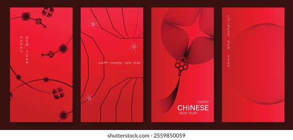 Chinese New Year 2025 hongbao red envelope design vector. Collection of Chinese festival with cherry blossom, lantern, pattern. Elegant oriental illustration for ang pao, cover, calendar, ads.