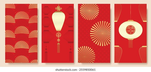 Chinese New Year 2025 hongbao red envelope design vector. Collection of Chinese festival with lantern, firework, fan, pattern. Elegant oriental illustration for ang pao, cover, calendar, ads.