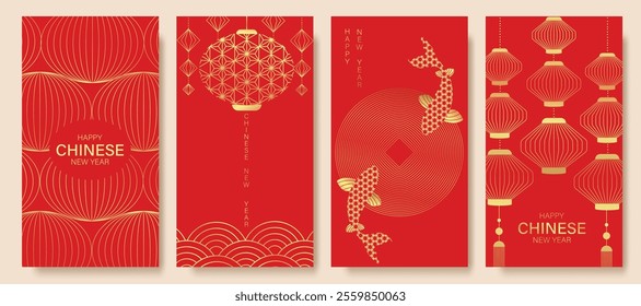 Chinese New Year 2025 hongbao red envelope design vector. Collection of Chinese festival with lantern, fish, wave, pattern. Elegant oriental illustration for ang pao, cover, calendar, ads.