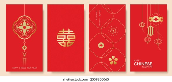 Chinese New Year 2025 hongbao red envelope design vector. Collection of Chinese festival with lantern, wave, flower, pattern. Elegant oriental illustration for ang pao, cover, calendar, ads.