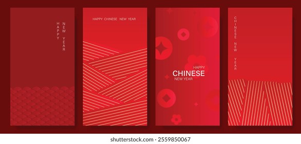 Chinese New Year 2025 hongbao red envelope design vector. Collection of Chinese festival with flower, wave, coin, pattern. Elegant oriental illustration for ang pao, cover, calendar, ads.