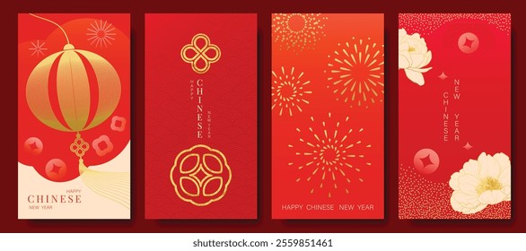 Chinese New Year 2025 hongbao red envelope design vector. Collection of Chinese festival with lantern, lotus, ginkgo leaf, pattern. Elegant oriental illustration for ang pao, cover, calendar, ads.