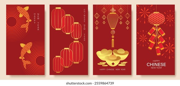 Chinese New Year 2025 hongbao red envelope design vector. Collection of Chinese festival with lantern, ginkgo leaf, bamboo. Elegant oriental illustration for ang pao, cover, website, calendar, ads.