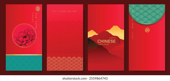 Chinese New Year 2025 hongbao red envelope design vector. Collection of Chinese festival with peony flower, mountain, pattern. Elegant oriental illustration for ang pao, cover, website, calendar, ads.