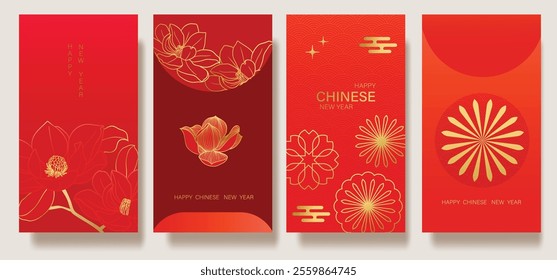 Chinese New Year 2025 hongbao red envelope design vector. Collection of Chinese festival with lotus flower, firework, pattern. Elegant oriental illustration for angpao, cover, website, calendar, ads.