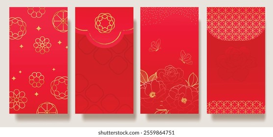 Chinese New Year 2025 hongbao red envelope design vector. Collection of Chinese festival with peony flower, butterfly, pattern. Elegant oriental illustration for angpao, cover, website, calendar, ads.