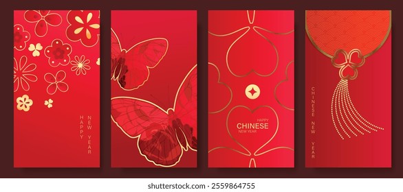 Chinese New Year 2025 hongbao red envelope design vector. Collection of Chinese festival with lantern, flower, butterfly. Elegant oriental illustration for ang pao, cover, website, calendar, ads.