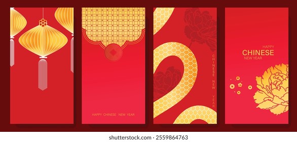 Chinese New Year 2025 hongbao red envelope design vector. Collection of Chinese festival with lantern, snake, peony flower. Elegant oriental illustration for ang pao, cover, website, calendar, ads.