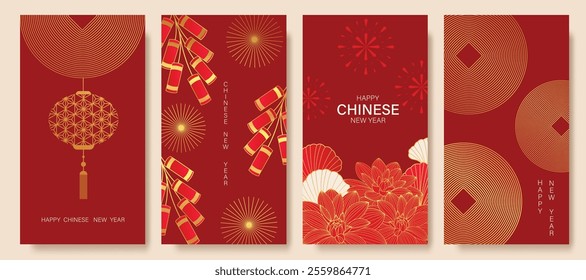 Chinese New Year 2025 hongbao red envelope design vector. Collection of Chinese festival with lantern, firecracker, lotus. Elegant oriental illustration for ang pao, cover, website, calendar, ads.