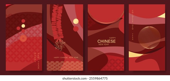 Chinese New Year 2025 hongbao red envelope design vector. Collection of Chinese festival with firecracker, wave, pattern. Elegant oriental illustration for ang pao, cover, website, calendar, ads.