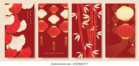 Chinese New Year 2025 hongbao red envelope design vector. Collection of Chinese festival with lantern, ginkgo leaf, bamboo. Elegant oriental illustration for ang pao, cover, website, calendar, ads.