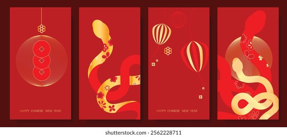 Chinese New Year 2025 hongbao red envelope design vector. Collection of Chinese festival with lantern, yuan bao, coin. Elegant oriental illustration for ang pao, cover, website, calendar, ads.