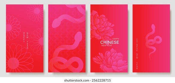 Chinese New Year 2025 hongbao red envelope design vector. Collection of Chinese festival with lantern, yuan bao, coin. Elegant oriental illustration for ang pao, cover, website, calendar, ads.