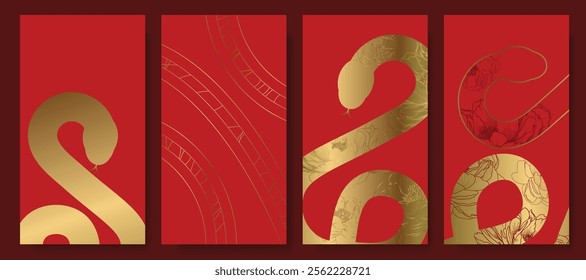 Chinese New Year 2025 hongbao red envelope design vector. Collection of Chinese festival with lantern, yuan bao, coin. Elegant oriental illustration for ang pao, cover, website, calendar, ads.