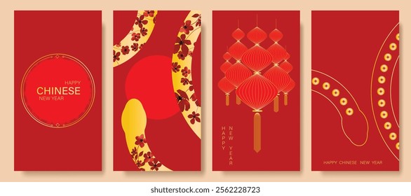 Chinese New Year 2025 hongbao red envelope design vector. Collection of Chinese festival with lantern, yuan bao, coin. Elegant oriental illustration for ang pao, cover, website, calendar, ads.