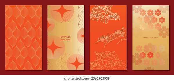 Chinese New Year 2025 hongbao red envelope design vector. Collection of Chinese festival with flower, sea wave, pattern. Elegant oriental illustration for angpao, cover, website, calendar, ads.