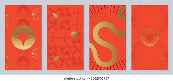 Chinese New Year 2025 hongbao red envelope design vector. Collection of Chinese festival with lantern, snake, pattern. Elegant oriental illustration for angpao, cover, website, calendar, ads.