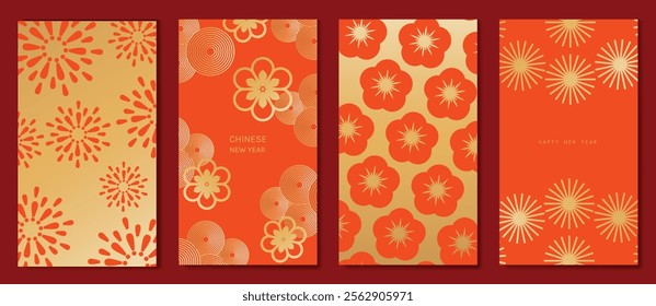 Chinese New Year 2025 hongbao red envelope design vector. Collection of Chinese festival with flower, firework, pattern. Elegant oriental illustration for angpao, cover, website, calendar, ads.