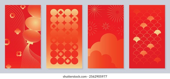 Chinese New Year 2025 hongbao red envelope design vector. Collection of Chinese festival with lantern, firework, pattern. Elegant oriental illustration for angpao, cover, website, calendar, ads.