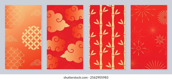 Chinese New Year 2025 hongbao red envelope design vector. Collection of Chinese festival with cloud, bamboo, firework, pattern. Elegant oriental illustration for angpao, cover, website, calendar, ads.