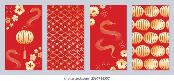 Chinese New Year 2025 hongbao red envelope design vector. Collection of Chinese festival with flower, snake, lantern, pattern. Elegant oriental illustration for angpao, cover, website, calendar, ads.