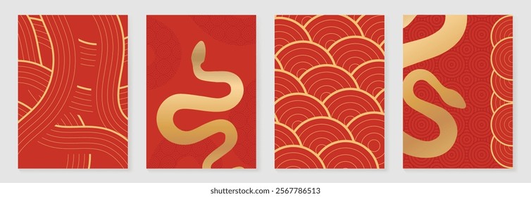 Chinese New Year 2025 hongbao red envelope design vector. Collection of Chinese festival with flower, snake, lantern, pattern. Elegant oriental illustration for angpao, cover, website, calendar, ads.