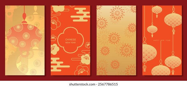 Chinese New Year 2025 hongbao red envelope design vector. Collection of Chinese festival with lantern, flower, cloud, pattern. Elegant oriental illustration for angpao, cover, website, calendar, ads.