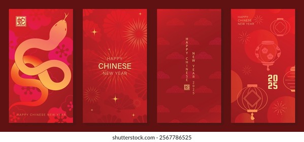 Chinese New Year 2025 hongbao red envelope design vector. Collection of Chinese festival with flower, snake, lantern, pattern. Elegant oriental illustration for angpao, cover, website, calendar, ads.