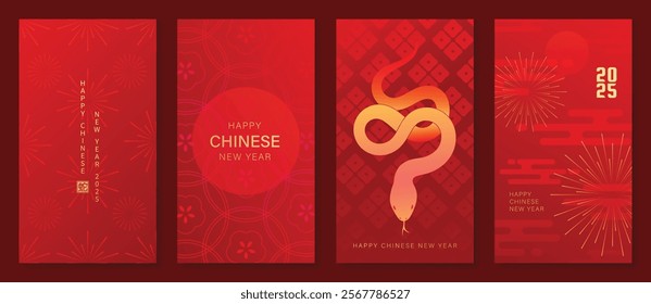 Chinese New Year 2025 hongbao red envelope design vector. Collection of Chinese festival with flower, snake, firework, pattern. Elegant oriental illustration for angpao, cover, website, calendar, ads.