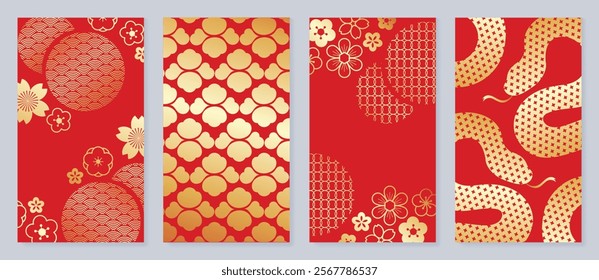 Chinese New Year 2025 hongbao red envelope design vector. Collection of Chinese festival with flower, snake, wave, pattern. Elegant oriental illustration for angpao, cover, website, calendar, ads.