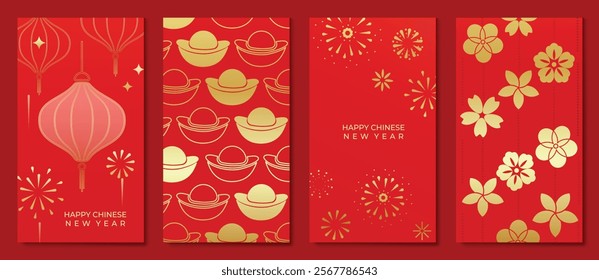 Chinese New Year 2025 hongbao red envelope design vector. Collection of Chinese festival with lantern, yuan bao, flower, pattern. Elegant oriental illustration for angpao, cover, calendar, ads.