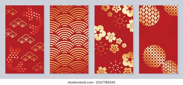 Chinese New Year 2025 hongbao red envelope design vector. Collection of Chinese festival with flower, sea wave, pattern. Elegant oriental illustration for angpao, cover, website, calendar, ads.