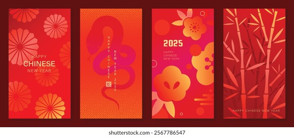 Chinese New Year 2025 hongbao red envelope design vector. Collection of Chinese festival with flower, snake, bamboo, pattern. Elegant oriental illustration for angpao, cover, website, calendar, ads.