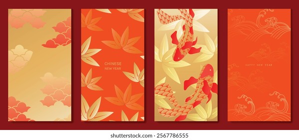Chinese New Year 2025 hongbao red envelope design vector. Collection of Chinese festival with fish, cloud, sea wave, pattern. Elegant oriental illustration for angpao, cover, website, calendar, ads.