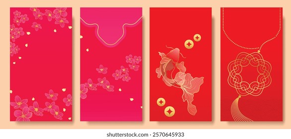 Chinese New Year 2025 hongbao red envelope design vector. Collection of Chinese festival with flower, coin, fish, pattern. Elegant oriental illustration for angpao, cover, website, calendar, ads.