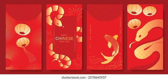 Chinese New Year 2025 hongbao red envelope design vector. Collection of Chinese festival with lantern, snake, fish, pattern. Elegant oriental illustration for angpao, cover, website, calendar, ads.