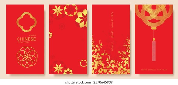 Chinese New Year 2025 hongbao red envelope design vector. Collection of Chinese festival with Chinese hanging, peony flower, pattern. Elegant oriental illustration for angpao, cover, calendar, ads.