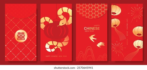 Chinese New Year 2025 hongbao red envelope design vector. Collection of Chinese festival with lantern, snake, bird, pattern. Elegant oriental illustration for angpao, cover, website, calendar, ads.