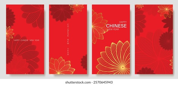 Chinese New Year 2025 hongbao red envelope design vector. Collection of Chinese festival with peony flower, pattern. Elegant oriental illustration for angpao, cover, calendar, ads.